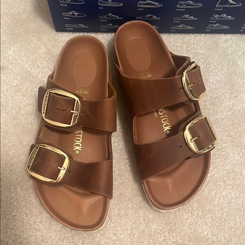 Birkenstock Brown Sandals with Gold Buckles—- Arizona with big buckles.